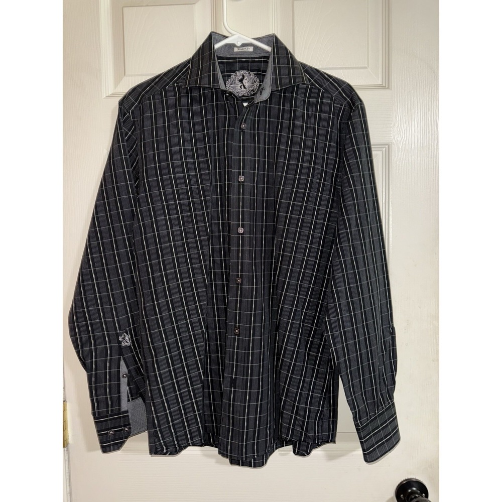 Bugatchi Uomo Men's Shaped Fit Dress Shirt Black Gray Plaid Long Sleeve‎ Xl